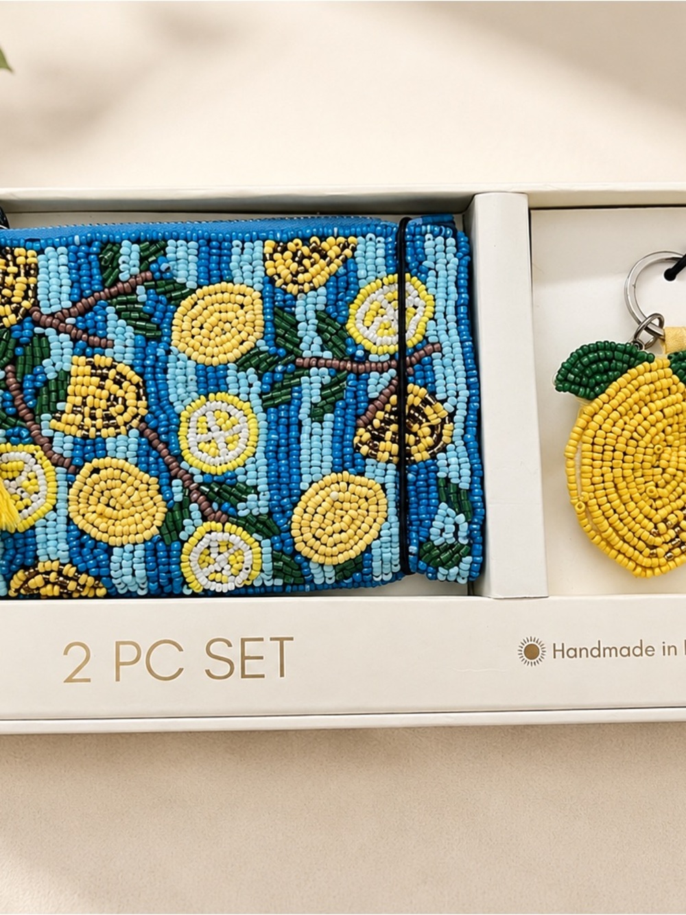 Handmade Beaded Lemon Wallet & Keychain Set — Blue and Yellow